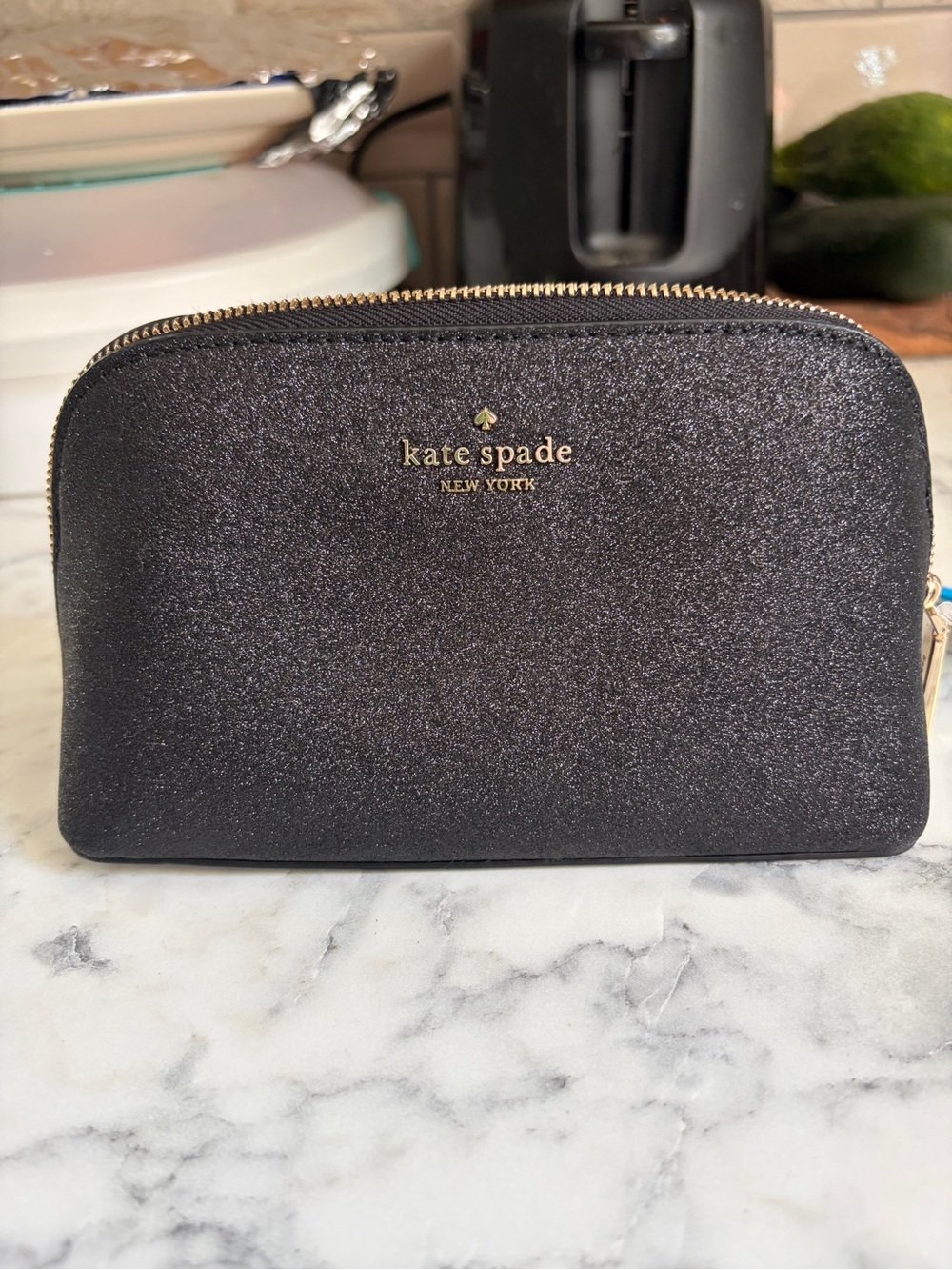 kate spade Black Glitter Cosmetic Pouch with Gold Hardware
